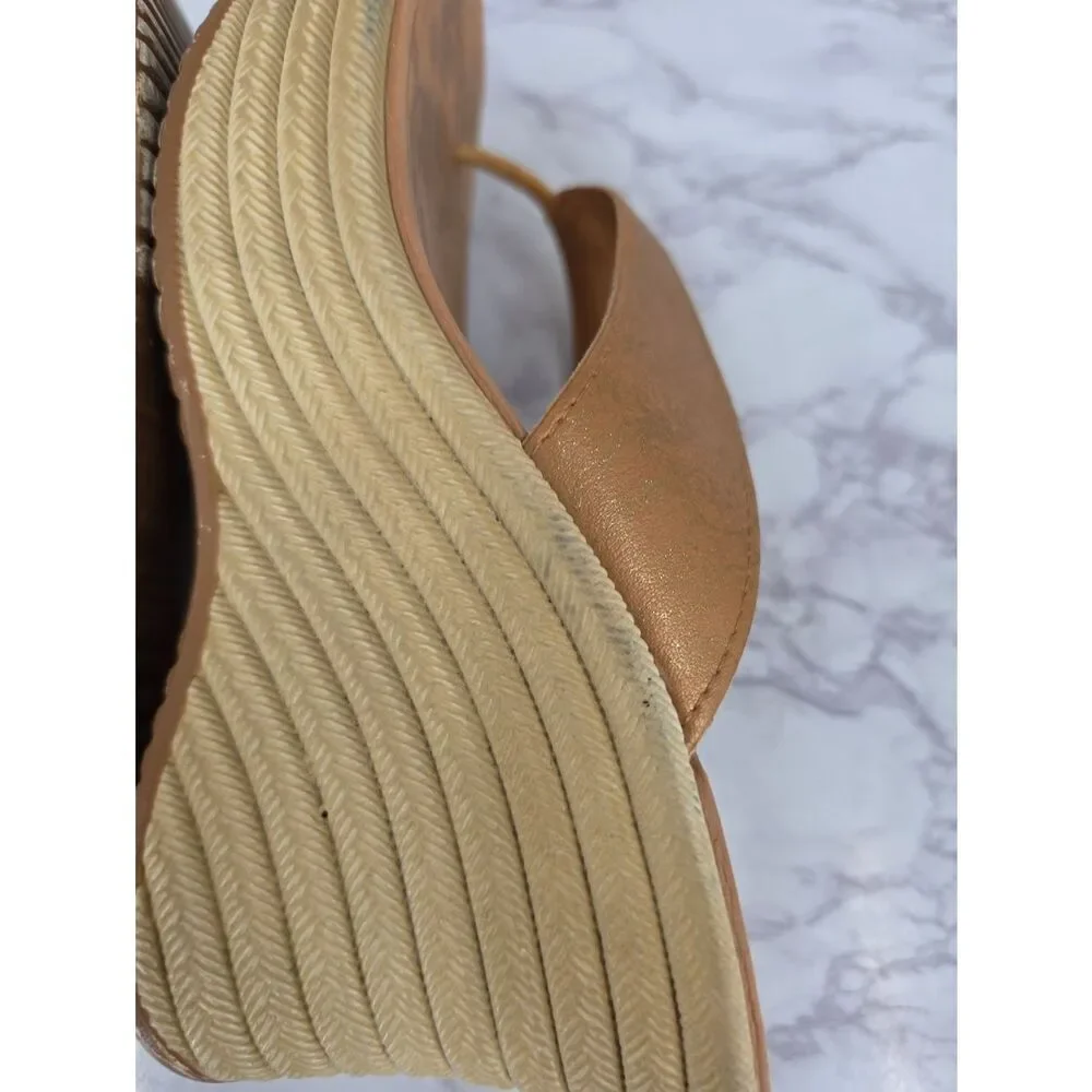 Y2K Vintage Wedge Platform Thong Sandals in Tan Leather Sttraps